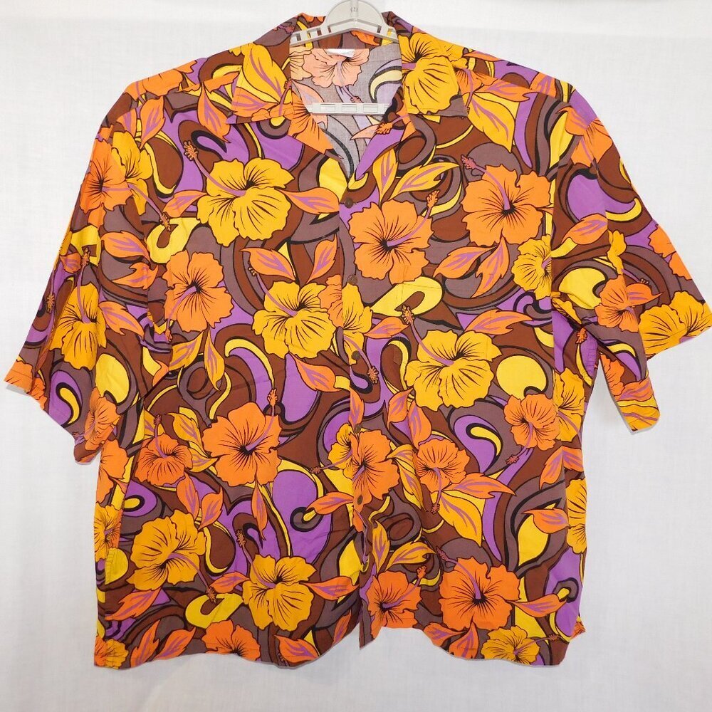 VTG alohaland hallelujah hawaiian shirts hybiscus Flowers Orange yellow Mens 6XT